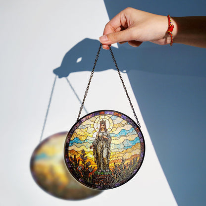 Crowned Virgin stained glass round suncatcher for window spiritual decor Mother's Day gift