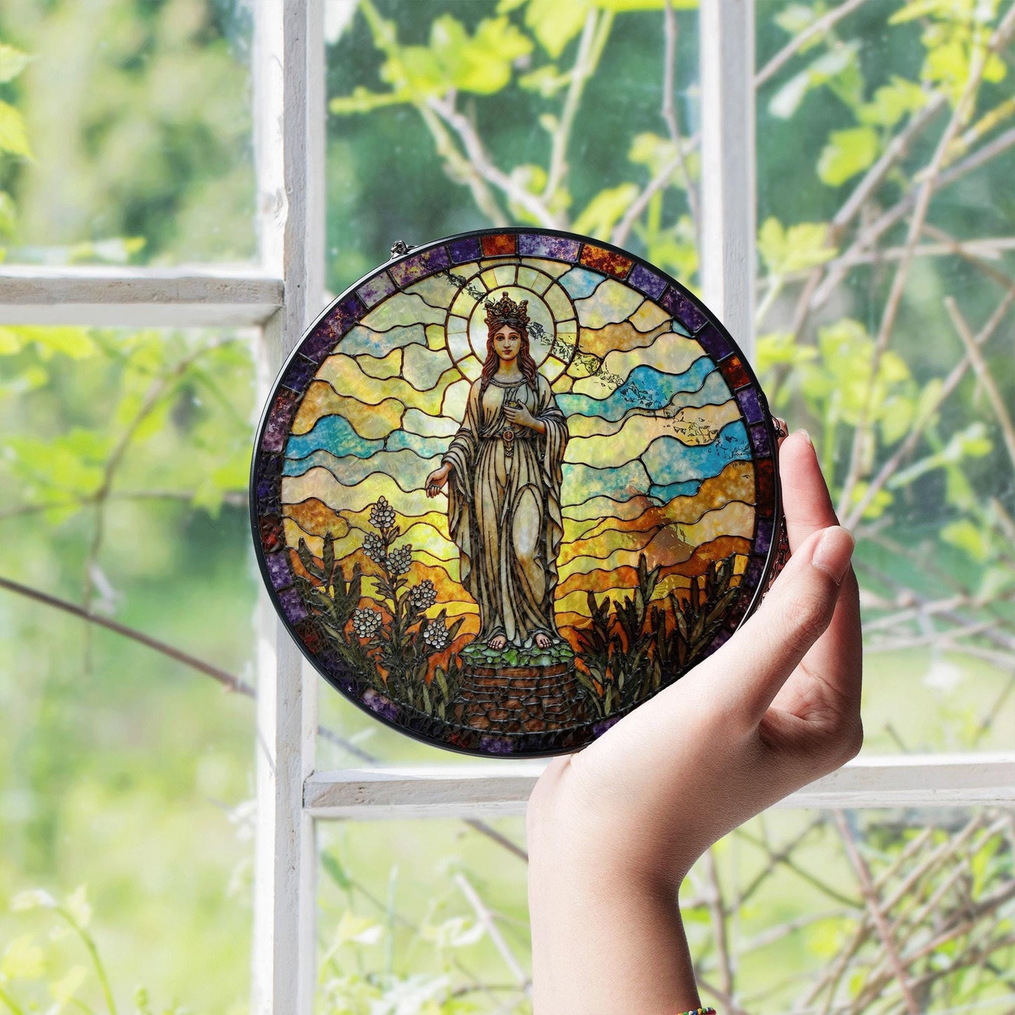 Crowned Virgin stained glass round suncatcher for window spiritual decor Mother's Day gift