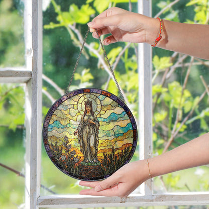 Crowned Virgin stained glass round suncatcher for window spiritual decor Mother's Day gift