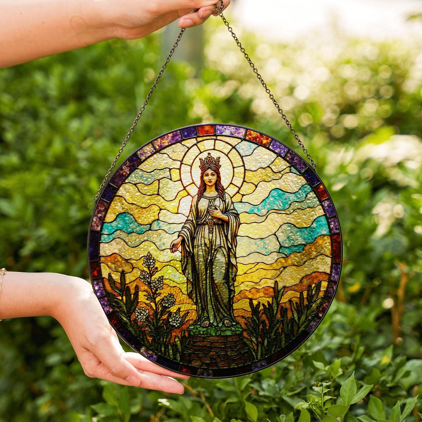 Crowned Virgin stained glass round suncatcher for window spiritual decor Mother's Day gift