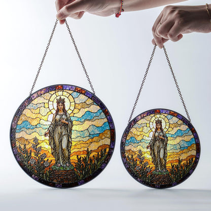 Crowned Virgin stained glass round suncatcher for window spiritual decor Mother's Day gift