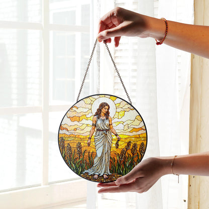 Goddess in wheat field stained glass suncatcher window hanging gift for mom birthday or harvest holiday