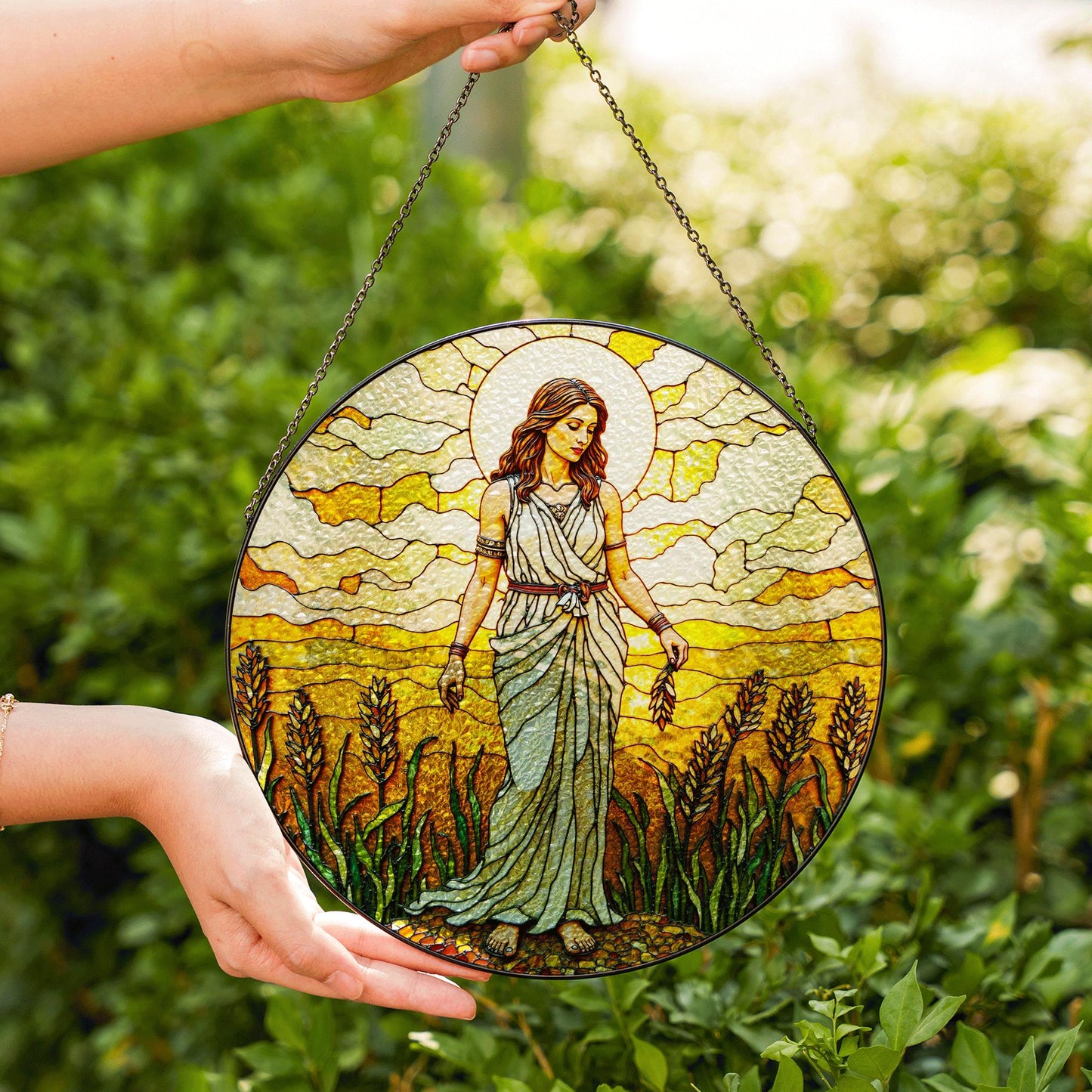 Goddess in wheat field stained glass suncatcher window hanging gift for mom birthday or harvest holiday