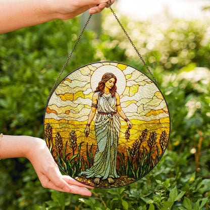 Goddess in wheat field stained glass suncatcher window hanging gift for mom birthday or harvest holiday