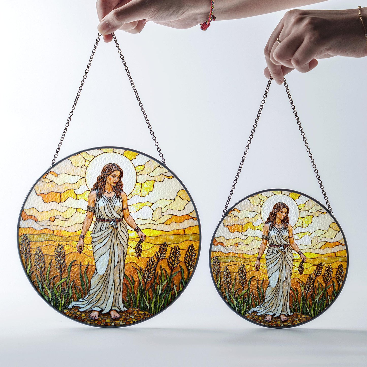 Goddess in wheat field stained glass suncatcher window hanging gift for mom birthday or harvest holiday