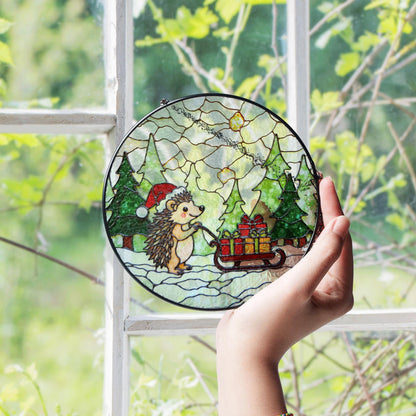Cute Hedgehog Pulling Sleigh Stained Glass Suncatcher Christmas Window Decor Gift for Kids or Animal Lovers