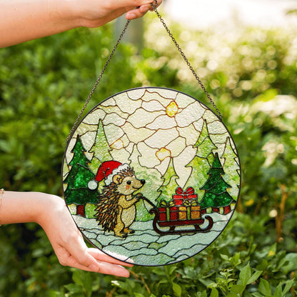 Cute Hedgehog Pulling Sleigh Stained Glass Suncatcher Christmas Window Decor Gift for Kids or Animal Lovers