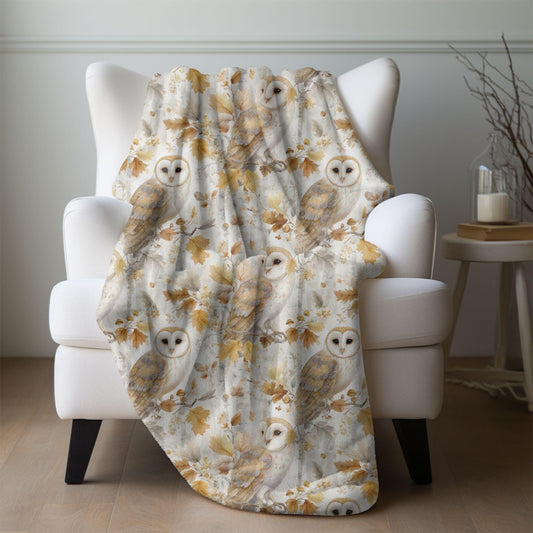 Barn Owl Birch Fall Blanket, Cozy Cottagecore Autumn Throw, Woodland Minky Fleece Throw Owl Birch Lovers Home Decor Soft Owl Nature Blanket