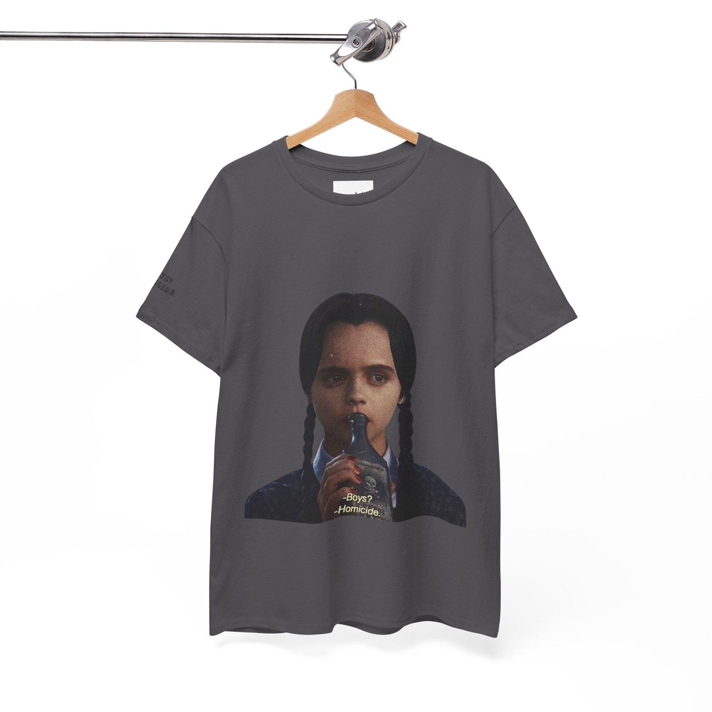 Wednesday Addams Graphic Print T-Shirt - Addams Family Halloween Shirt - Boys? Homicide Shoulder Print - Kids & Adults Unisex Tee