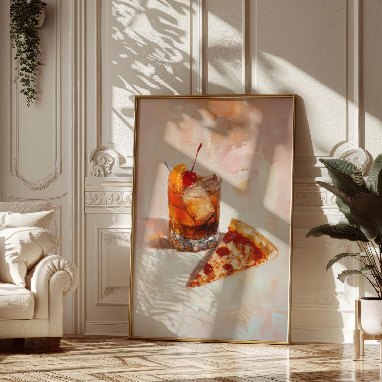 Old Fashioned Cocktail with Pizza Slice Art Print | Cute Quirky Whimsical | Cocktail Bar Cart Decor | Pizza Art Gift | Trendy Home Wall Art