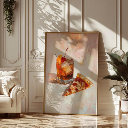 Old Fashioned Cocktail with Pizza Slice Art Print | Cute Quirky Whimsical | Cocktail Bar Cart Decor | Pizza Art Gift | Trendy Home Wall Art