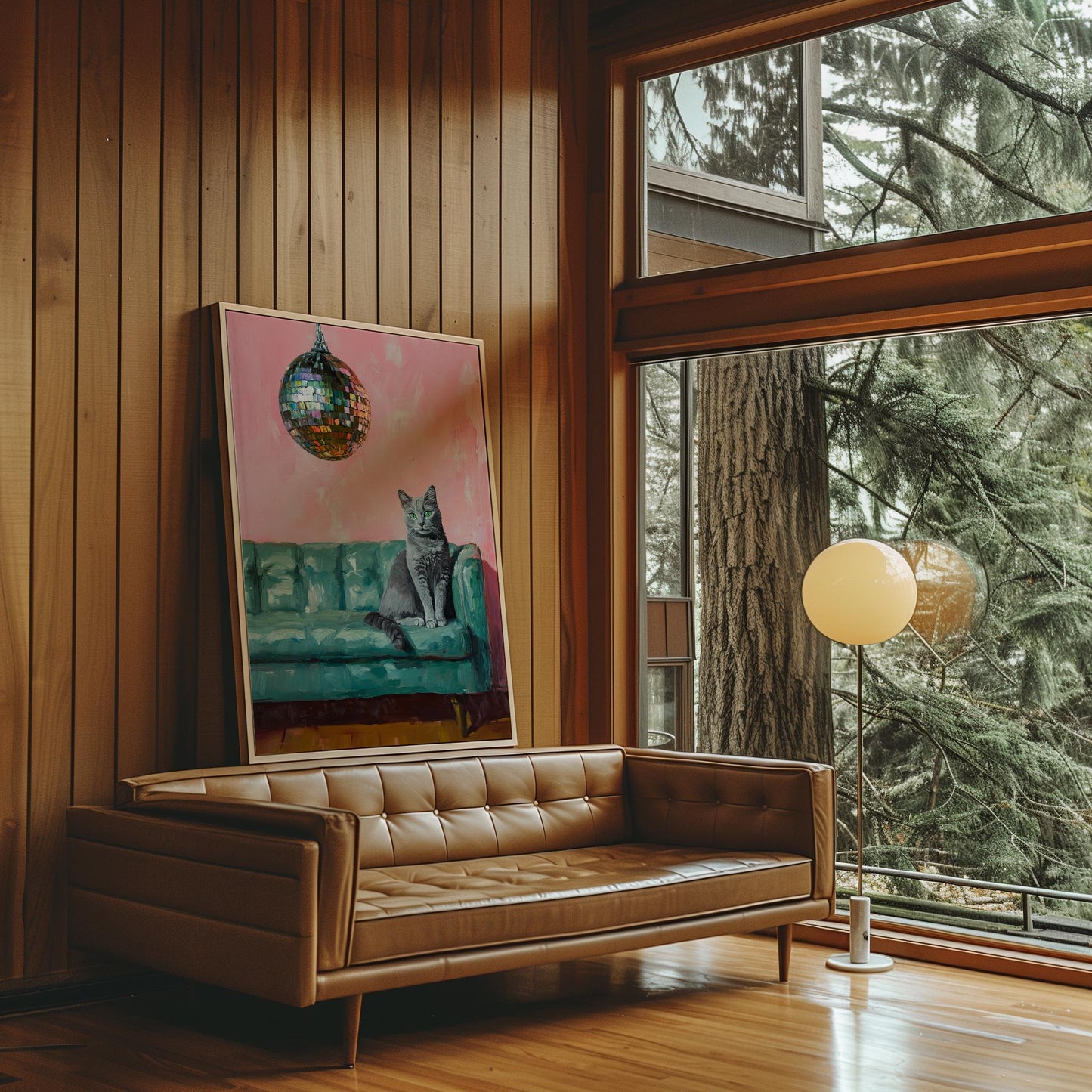 Russian Blue Cat with Disco Ball Fine Art Print | Cute Quirky Whimsical | Disco Ball Cat | Bar Cart Decor | Trendy Home Wall Art Gift