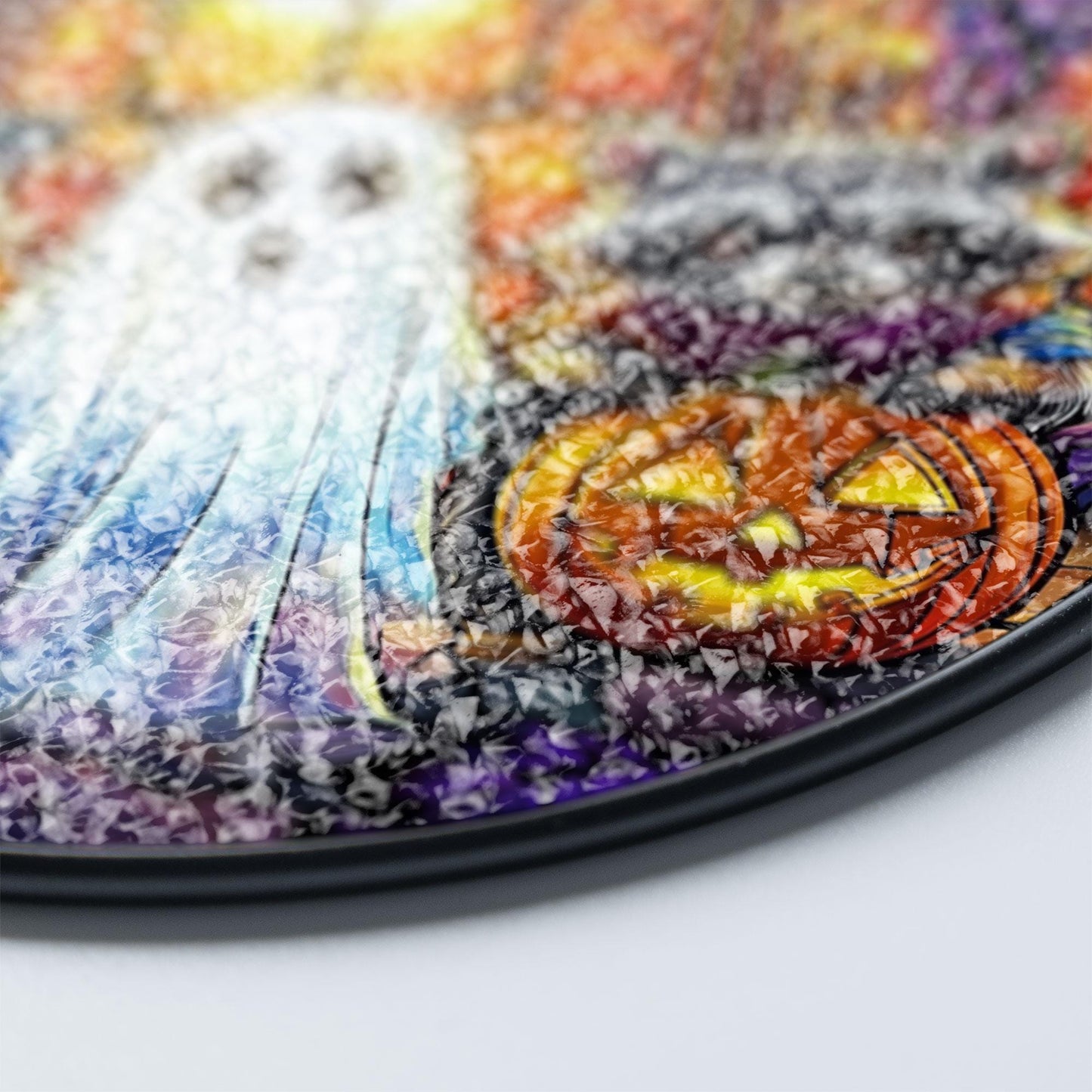 Halloween Stained Glass Suncatcher with Raccoons and Ghost, Autumn Pumpkin Decoration, Spooky Window Hanging for Fall Season