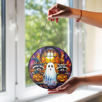 Halloween Stained Glass Suncatcher with Raccoons and Ghost, Autumn Pumpkin Decoration, Spooky Window Hanging for Fall Season