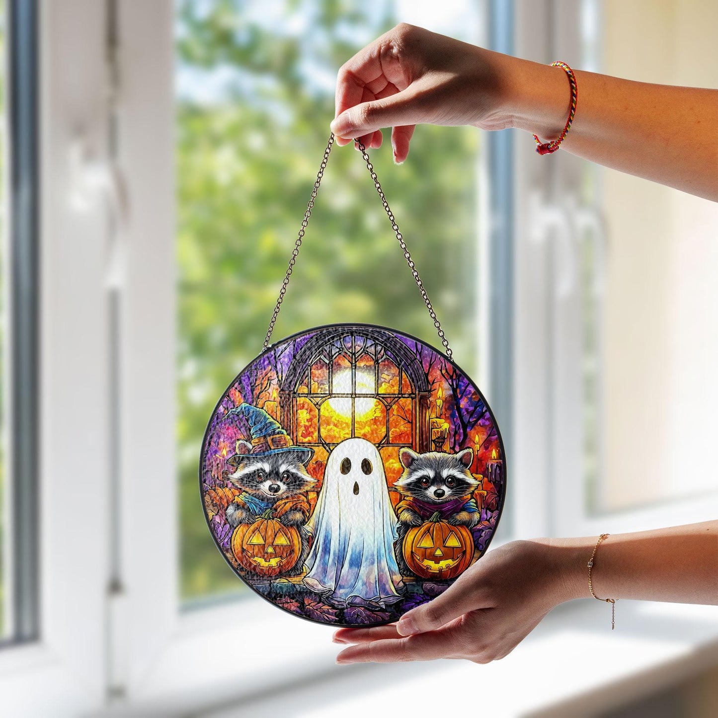 Halloween Stained Glass Suncatcher with Raccoons and Ghost, Autumn Pumpkin Decoration, Spooky Window Hanging for Fall Season