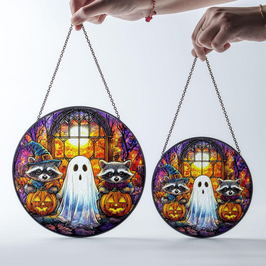 Halloween Stained Glass Suncatcher with Raccoons and Ghost, Autumn Pumpkin Decoration, Spooky Window Hanging for Fall Season