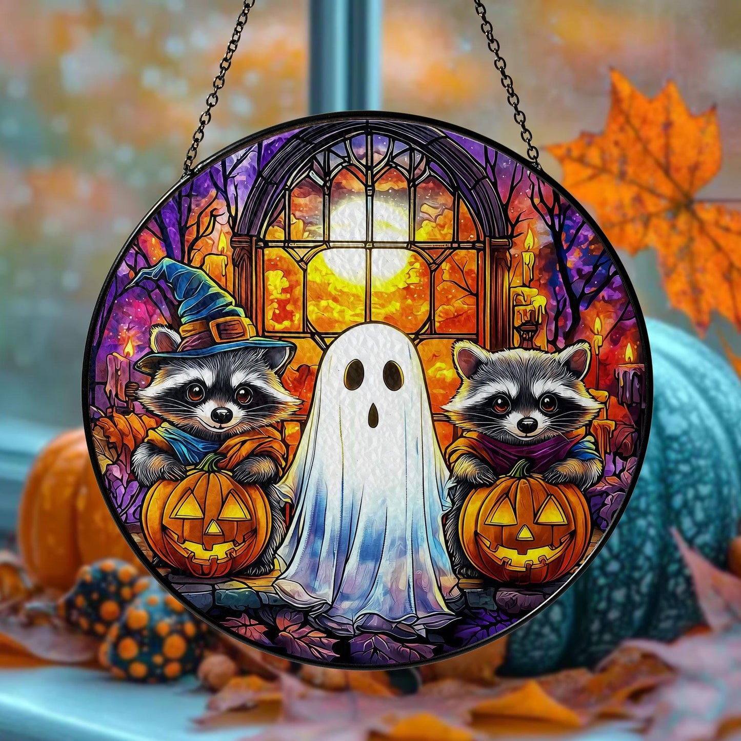 Halloween Stained Glass Suncatcher with Raccoons and Ghost, Autumn Pumpkin Decoration, Spooky Window Hanging for Fall Season
