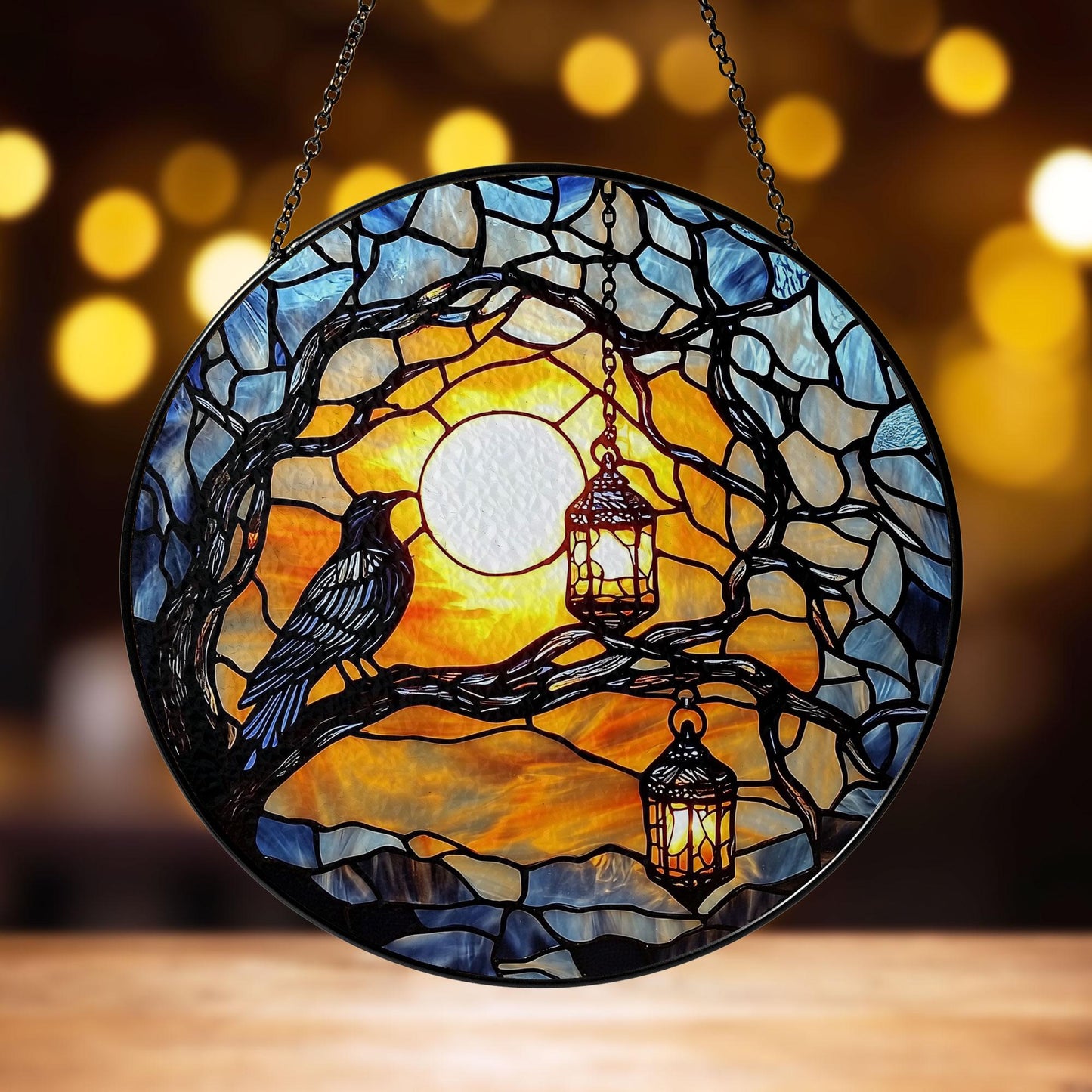 Raven on Tree Branch Stained Glass Suncatcher with Glowing Sunset Sky and Hanging Lanterns, Round Window Panel for Home Decor and Gifts