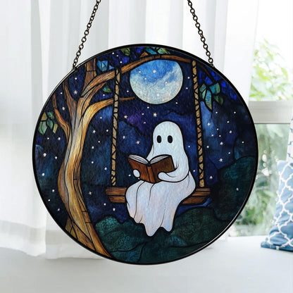 Ghost Reading on Swing Stained Glass Suncatcher with Full Moon and Starry Night Sky, Round Hanging Window Panel for Whimsical Home Decor