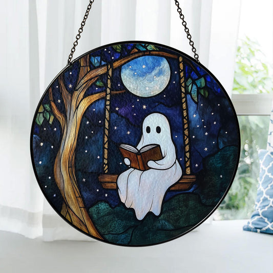 Ghost Reading on Swing Stained Glass Suncatcher with Full Moon and Starry Night Sky, Round Hanging Window Panel for Whimsical Home Decor