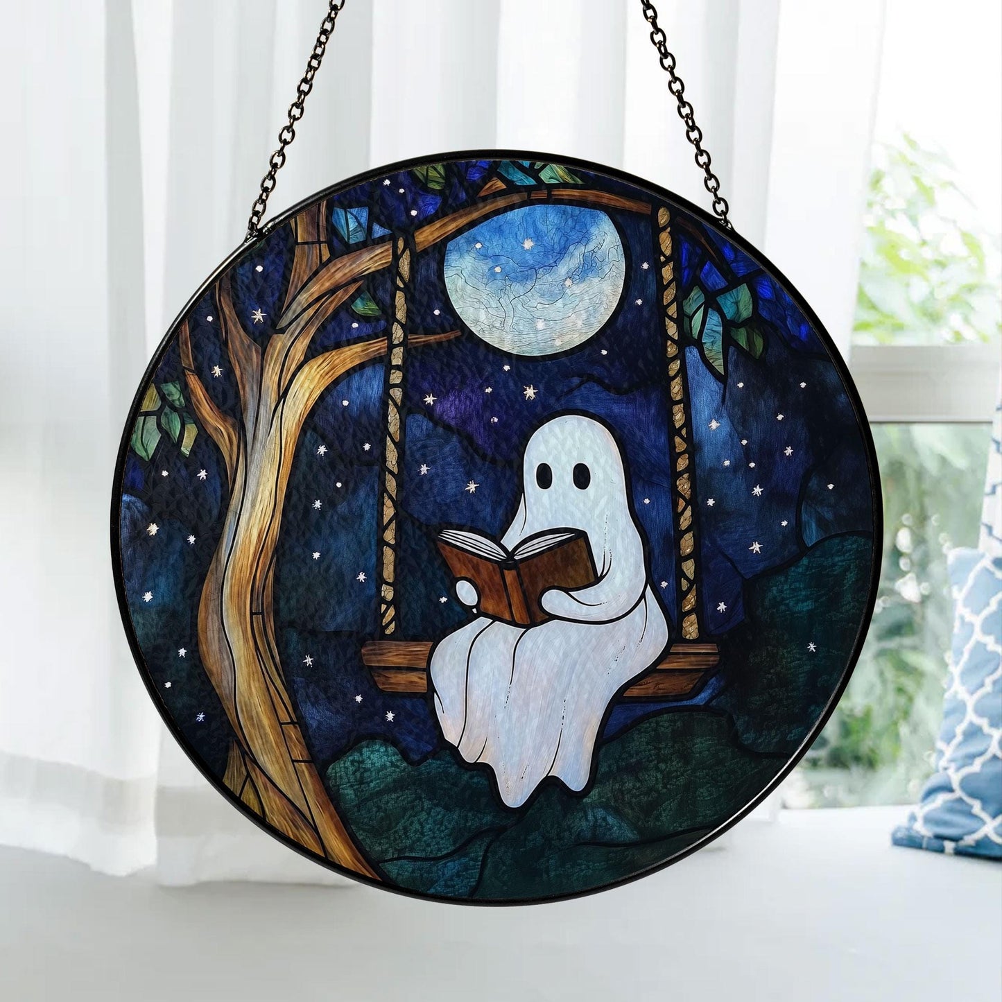 Ghost Reading on Swing Stained Glass Suncatcher with Full Moon and Starry Night Sky, Round Hanging Window Panel for Whimsical Home Decor