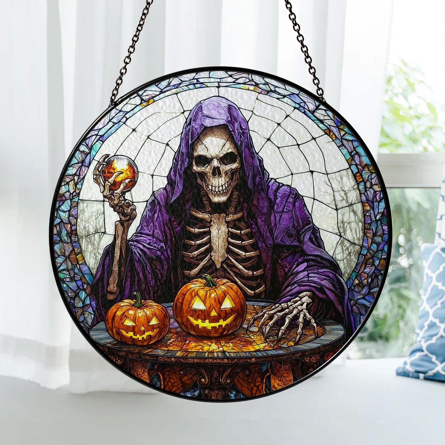 Grim Reaper with Pumpkins Stained Glass Suncatcher, Skeleton in Purple Hood Holding Crystal Ball, Round Halloween Window Hanging Decor