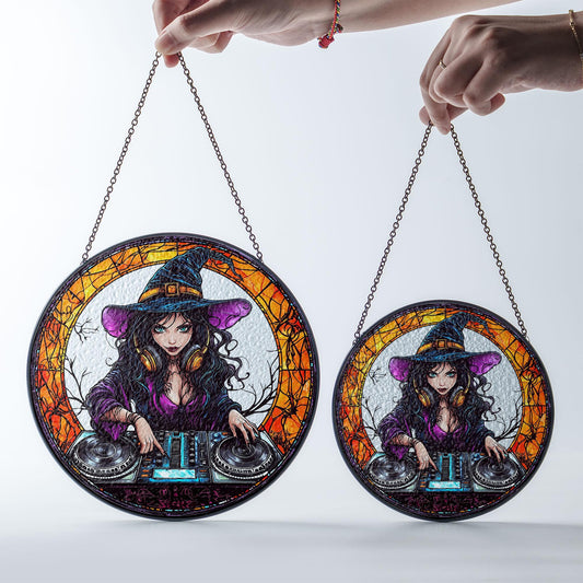 Magical Witch DJ Stained Glass Suncatcher - Enchanting Witchcraft & Music Lover Home Decor, Handcrafted Window Art, Perfect Unique Gift