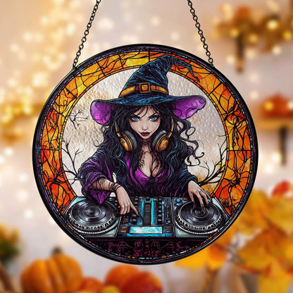 Magical Witch DJ Stained Glass Suncatcher - Enchanting Witchcraft & Music Lover Home Decor, Handcrafted Window Art, Perfect Unique Gift