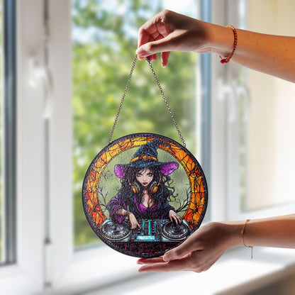 Magical Witch DJ Stained Glass Suncatcher - Enchanting Witchcraft & Music Lover Home Decor, Handcrafted Window Art, Perfect Unique Gift