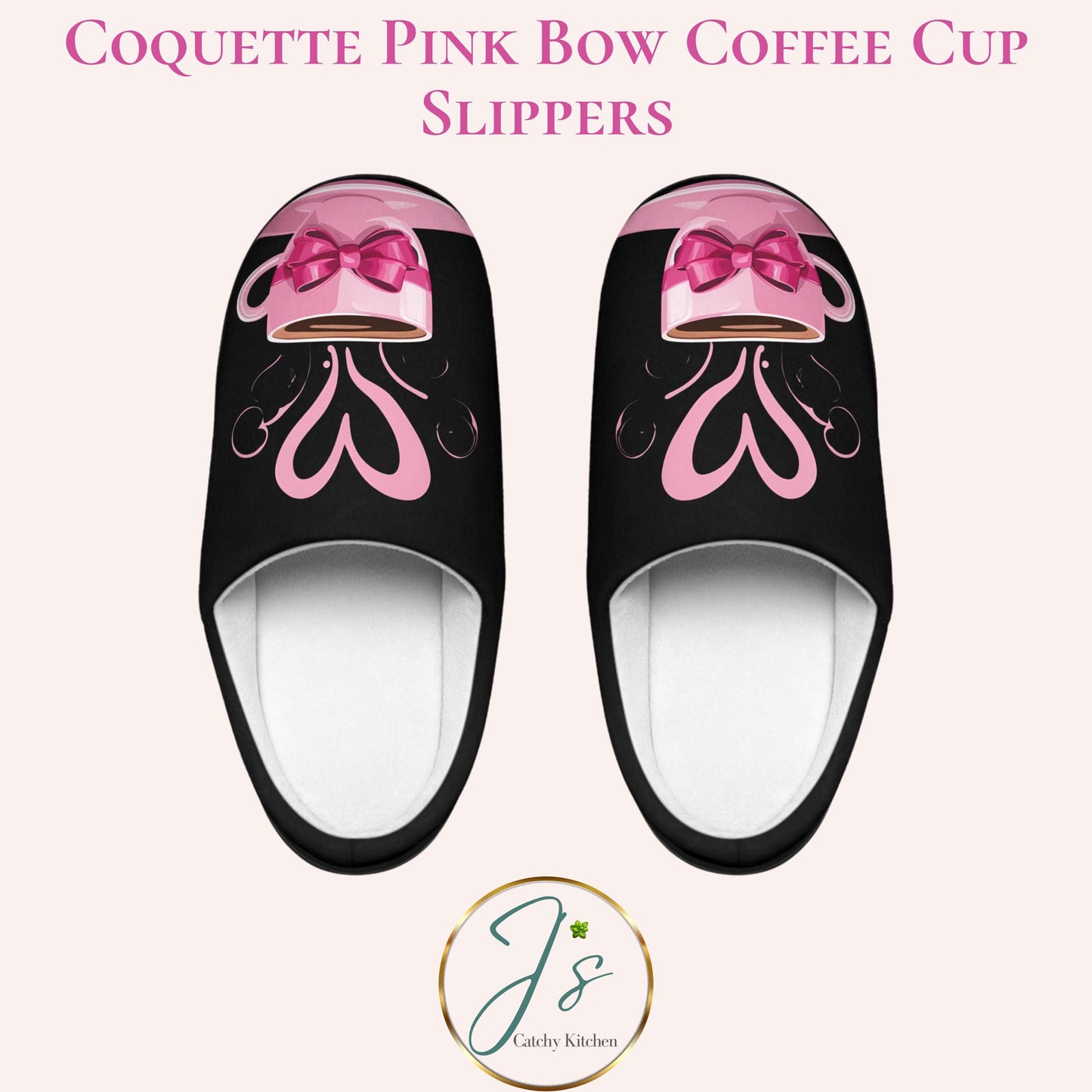 Coquette Women Slippers Black Pink Coffee Cup with Pink Bow Ribbon and Heart Women's Slipper Gift House Shoes Cozy Slip-ons Bedroom Slides