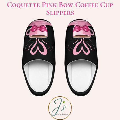 Coquette Women Slippers Black Pink Coffee Cup with Pink Bow Ribbon and Heart Women's Slipper Gift House Shoes Cozy Slip-ons Bedroom Slides
