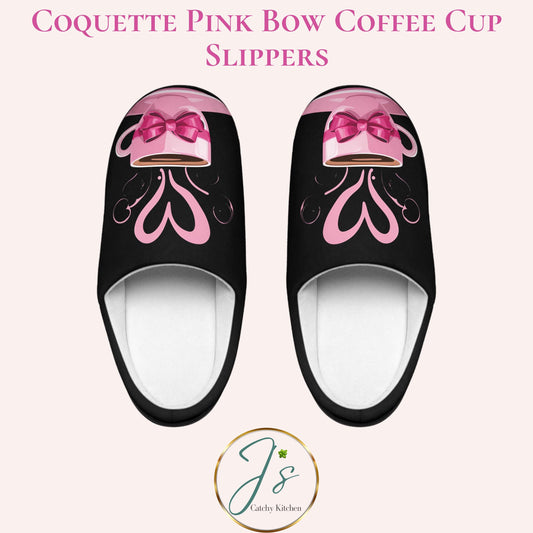 Coquette Women Slippers Black Pink Coffee Cup with Pink Bow Ribbon and Heart Women's Slipper Gift House Shoes Cozy Slip-ons Bedroom Slides