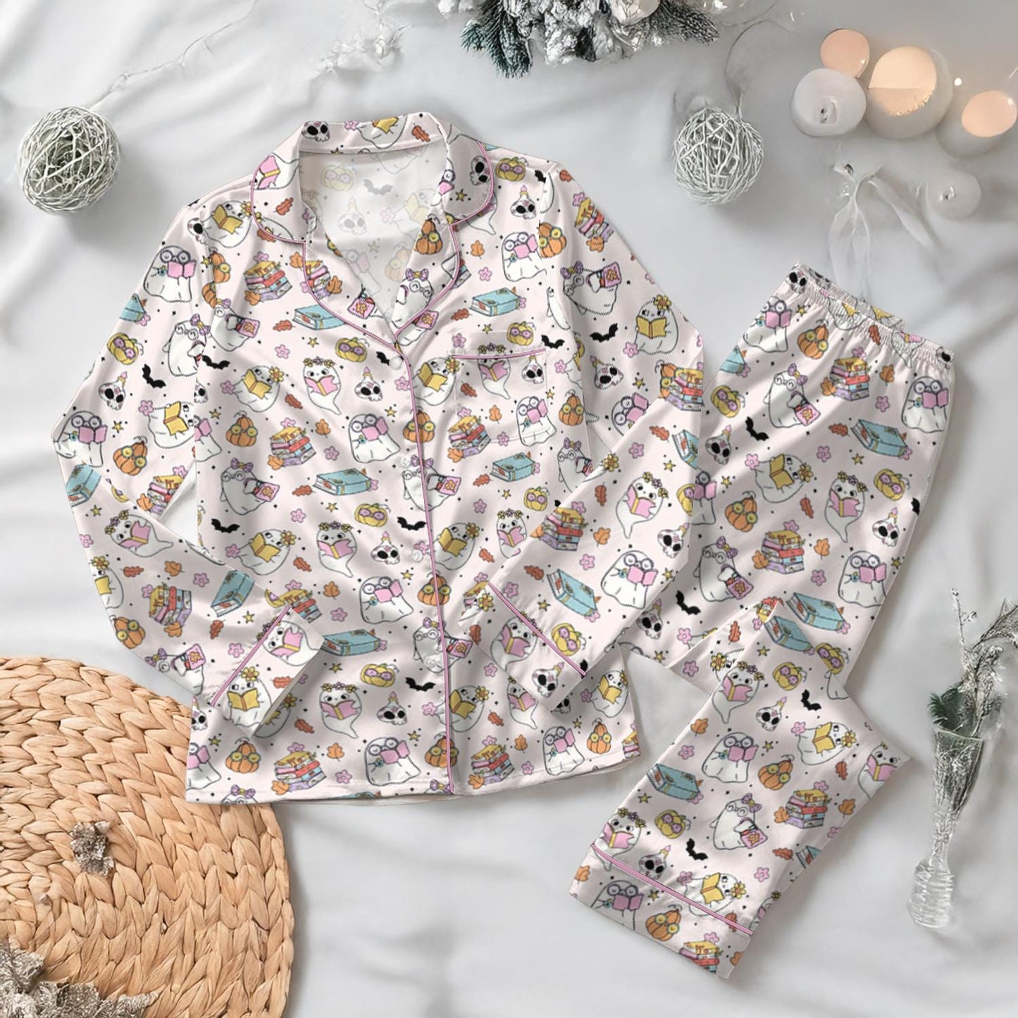 Cute Ghost Reading Book Silk Pajamas, Pumpkin Pjs Set, Fall Autumn, Spooky Season Gift
