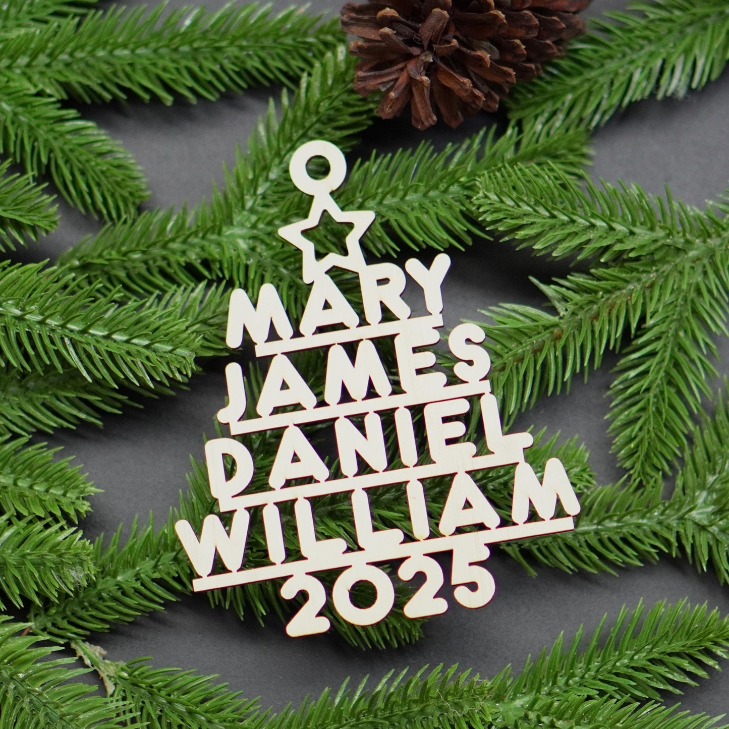 Custom Family Name Wooden Christmas Tree Ornament: Laser-Cut Keepsake