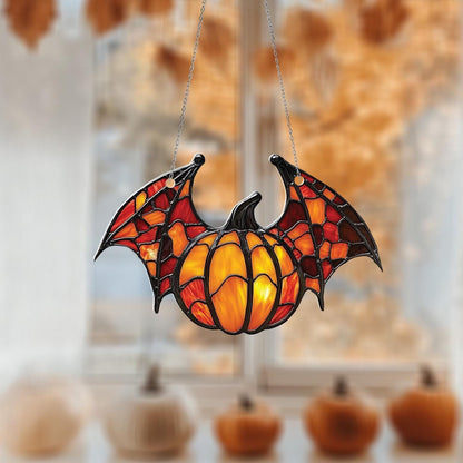 Halloween Bat Pumpkin Window Hanging, Spooky Autumn Decor, Gothic Wall or Window Ornament, Fall Home Decoration Gift Idea