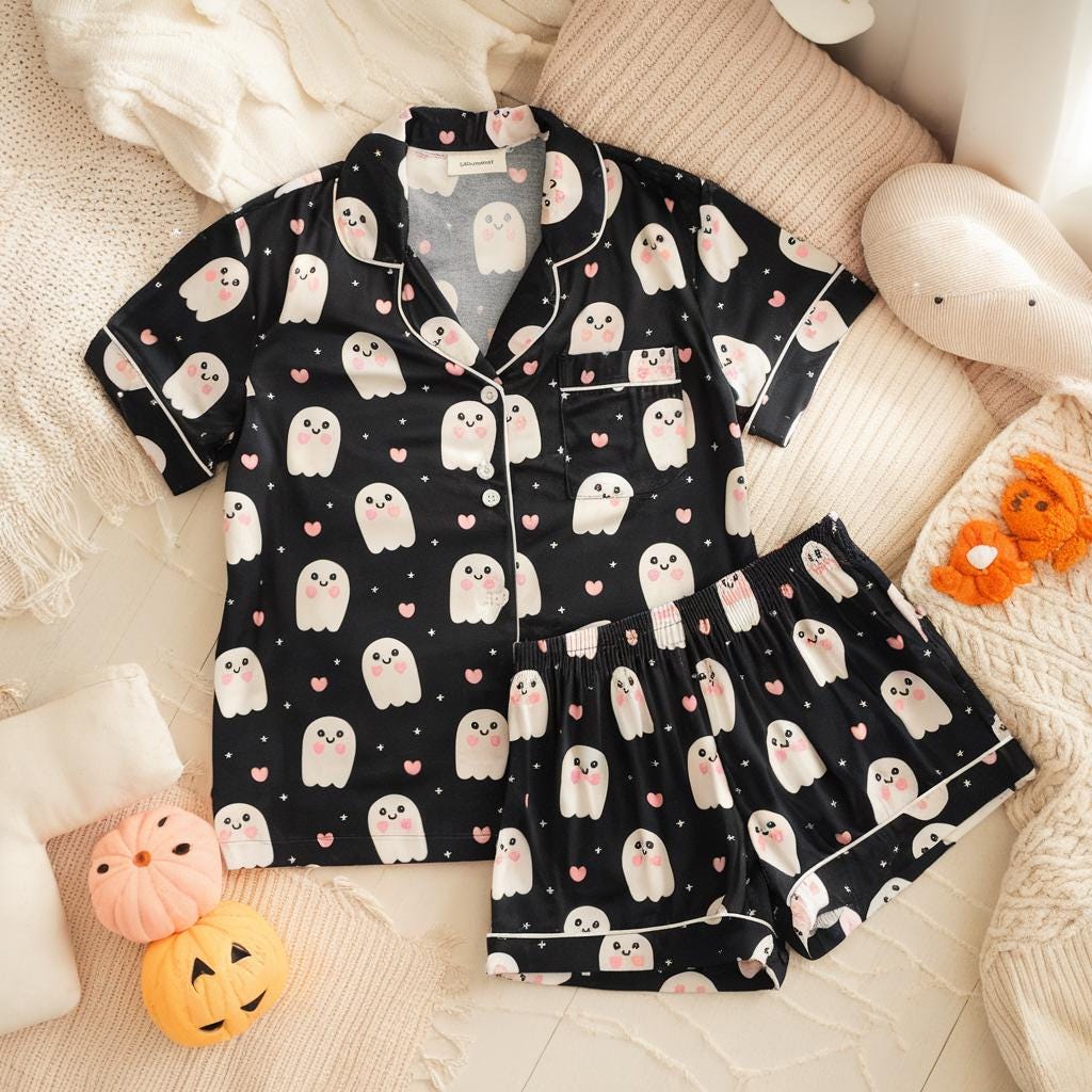 Happy Ghost Pajama Satin Pajamas Set, Halloween Pjs, Cozy Season Pjs, Ghost Pajamas, Fall Pjs, Ghost Heart Pajamas, Family Halloween Pyjamas
