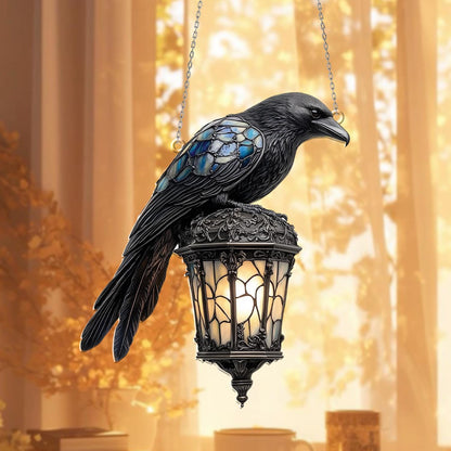 Raven Gothic on Lantern Acrylic Window Hanging, Halloween Crow on Lamp Decor, Halloween Decor, Dark Academia Decor, Witchcraft Home Decor
