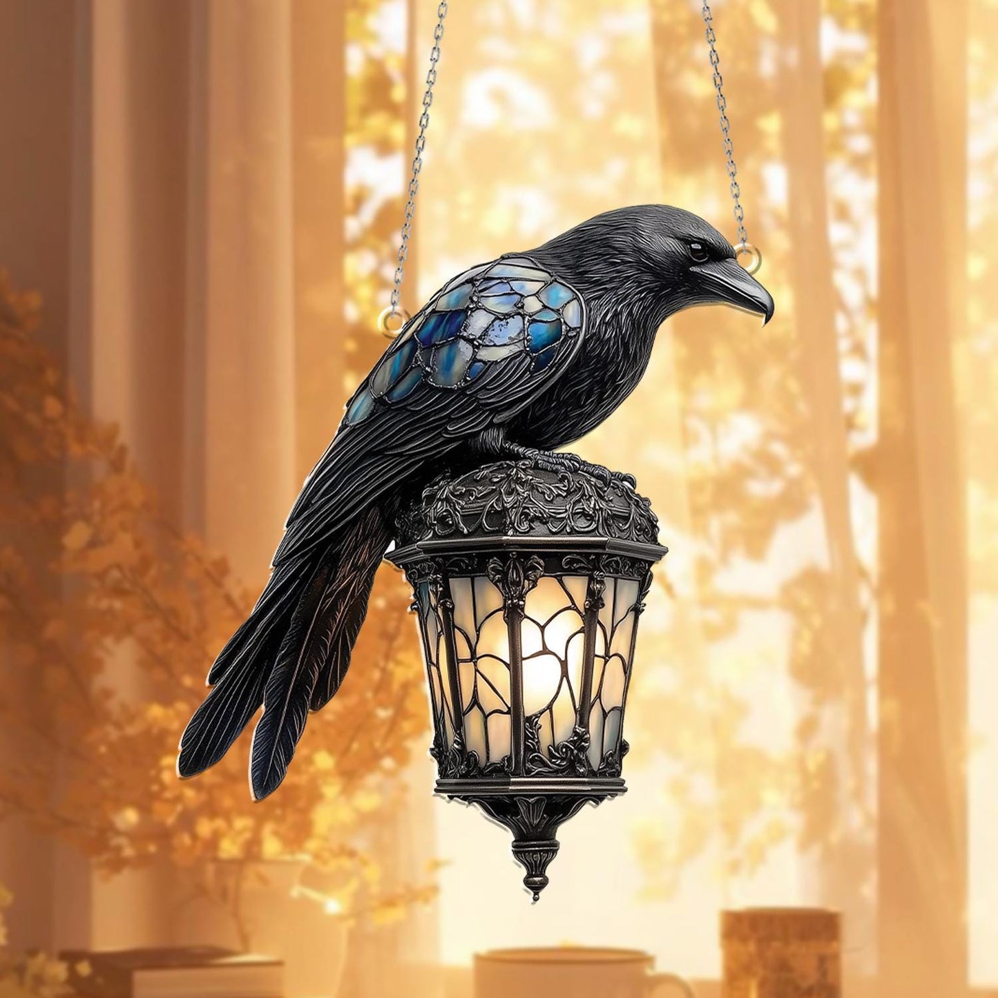 Raven Gothic on Lantern Acrylic Window Hanging, Halloween Crow on Lamp Decor, Halloween Decor, Dark Academia Decor, Witchcraft Home Decor