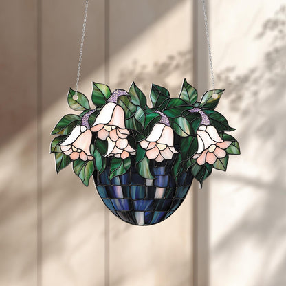 Window Hanging Pink Bell Flowers In Blue Basket, Bringing Elegant Botanical Beauty And Fresh Natural Charm To Your Home Décor