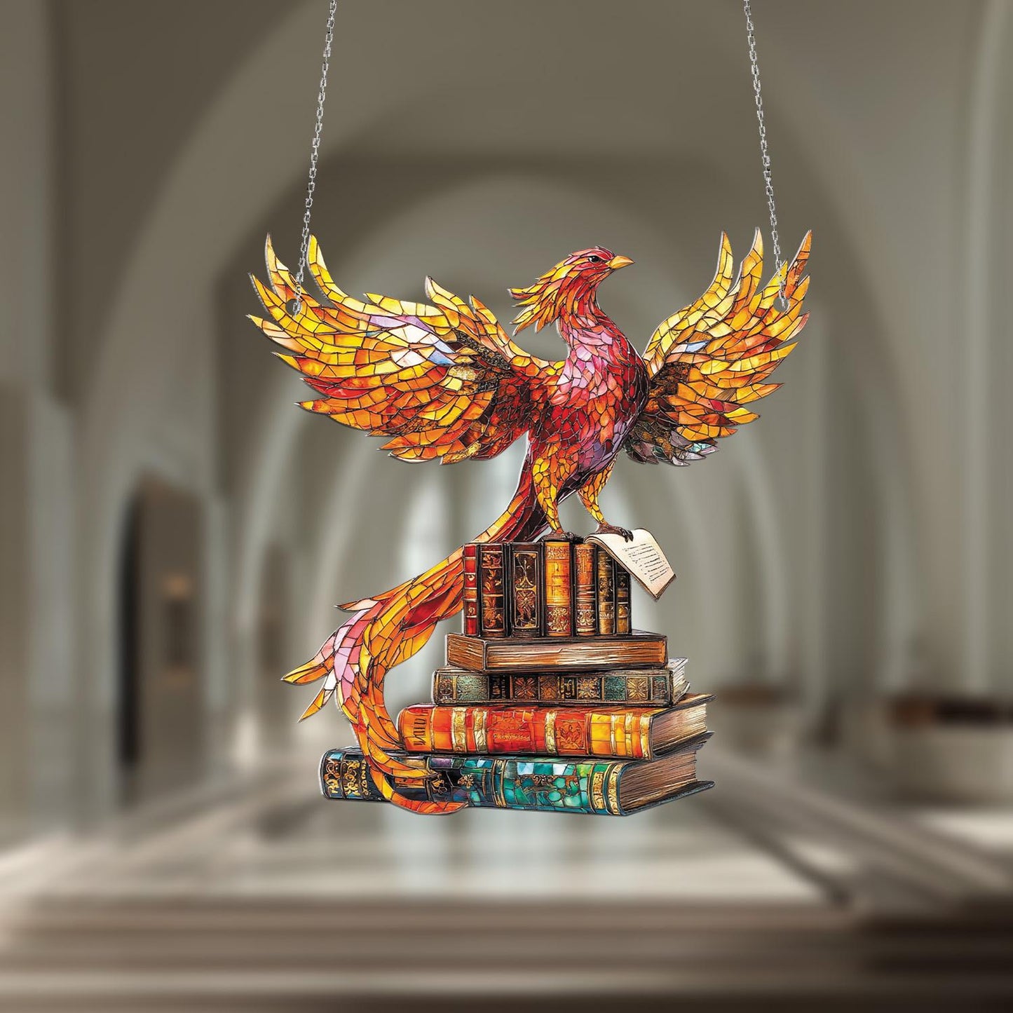 Window Hanging Phoenix On Stack Of Books, Symbolizing Wisdom, Rebirth, And Artistic Brilliance For An Inspiring Home Décor Accent
