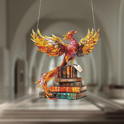 Window Hanging Phoenix On Stack Of Books, Symbolizing Wisdom, Rebirth, And Artistic Brilliance For An Inspiring Home Décor Accent