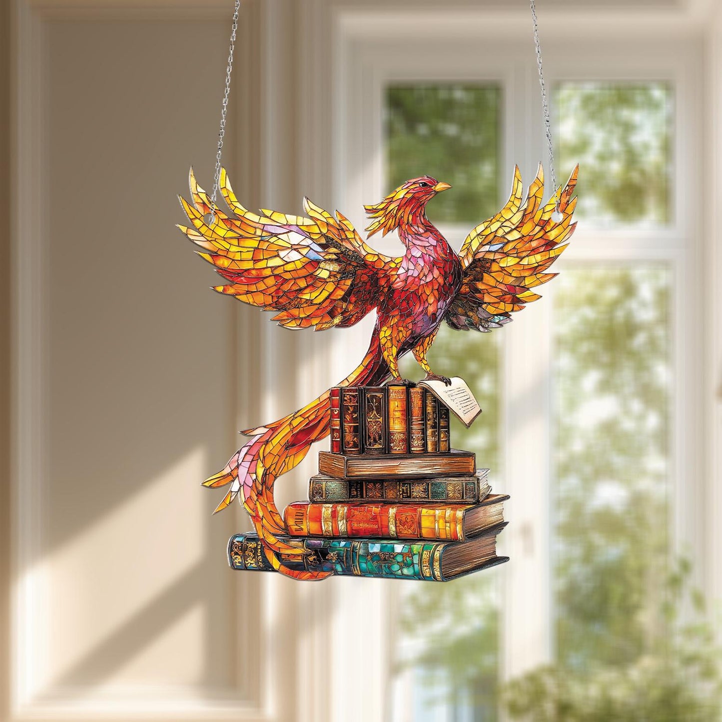 Window Hanging Phoenix On Stack Of Books, Symbolizing Wisdom, Rebirth, And Artistic Brilliance For An Inspiring Home Décor Accent