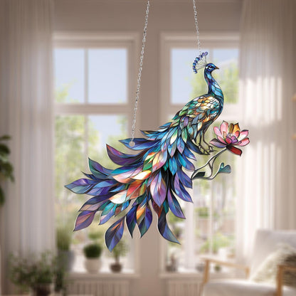 Window Hanging Colorful Peacock With Lotus Flower, Bringing Grace, Beauty, And Artistic Elegance To Your Home Décor