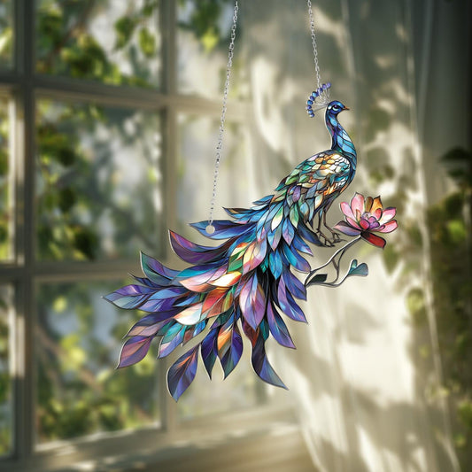 Window Hanging Colorful Peacock With Lotus Flower, Bringing Grace, Beauty, And Artistic Elegance To Your Home Décor