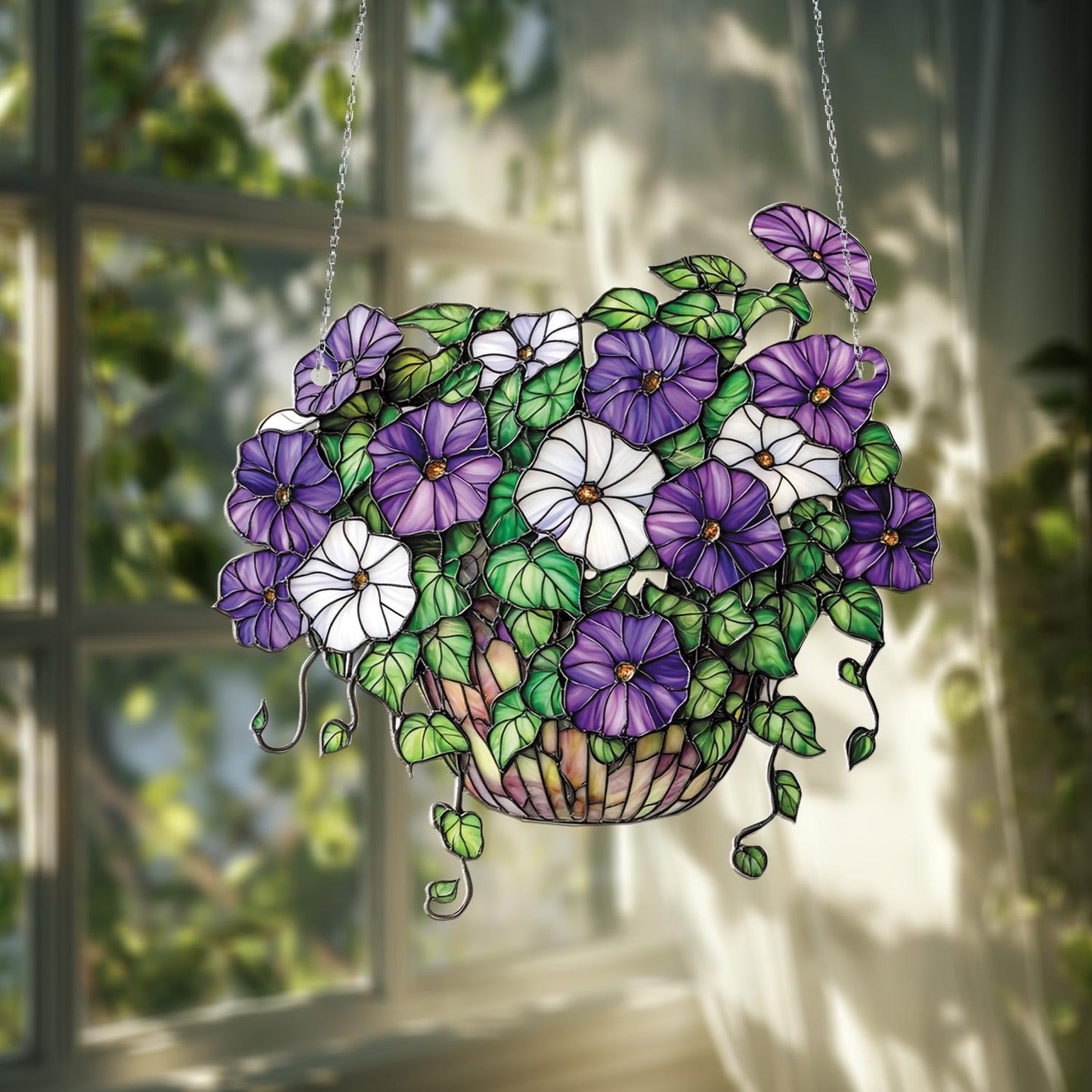 Window Hanging Purple And White Morning Glory Flowers In Basket, Bringing Fresh Garden Beauty And Artistic Charm To Your Home Décor