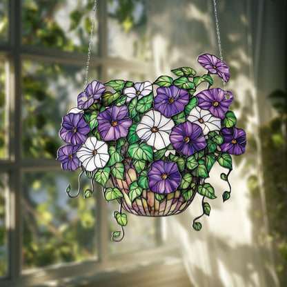 Window Hanging Purple And White Morning Glory Flowers In Basket, Bringing Fresh Garden Beauty And Artistic Charm To Your Home Décor