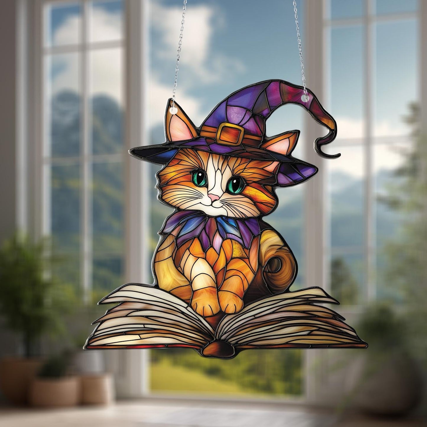 Window Hanging Cute Cat In Witch Hat Sitting On Book, Adding Magical Charm And Whimsical Beauty To Your Home Décor