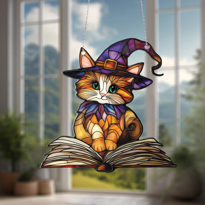 Window Hanging Cute Cat In Witch Hat Sitting On Book, Adding Magical Charm And Whimsical Beauty To Your Home Décor