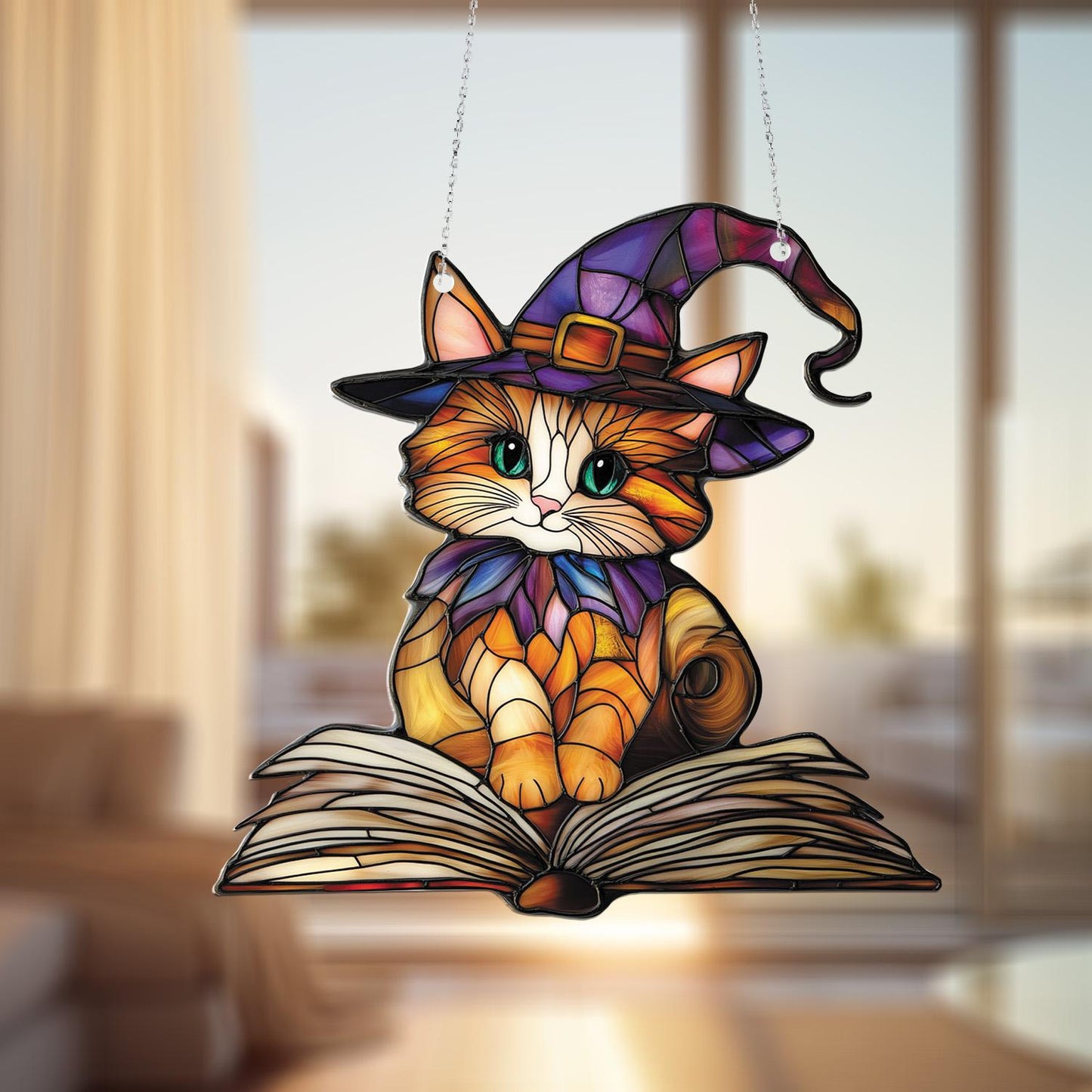 Window Hanging Cute Cat In Witch Hat Sitting On Book, Adding Magical Charm And Whimsical Beauty To Your Home Décor