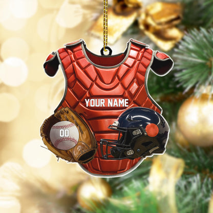 Custom Name Baseball Catcher Chest Protector & Helmet Personalized Ornament, Christmas Tree Hanging, Christmas Ornament, Flat 2D Ornament